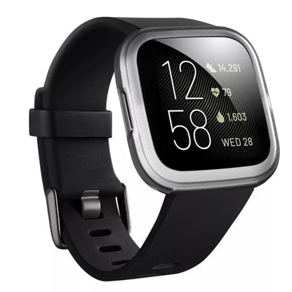 Clear protective watch case for Fitbit Versa 1 by That Watch Shop, showing the transparent, snug-fit design on the smartwatch.