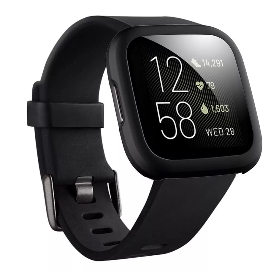 Black protective watch case for Fitbit Versa 2 by That Watch Shop, showing the snug fit and durable material.
