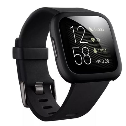 Black protective watch case for Fitbit Versa 2 by That Watch Shop, showing the snug fit and durable material.