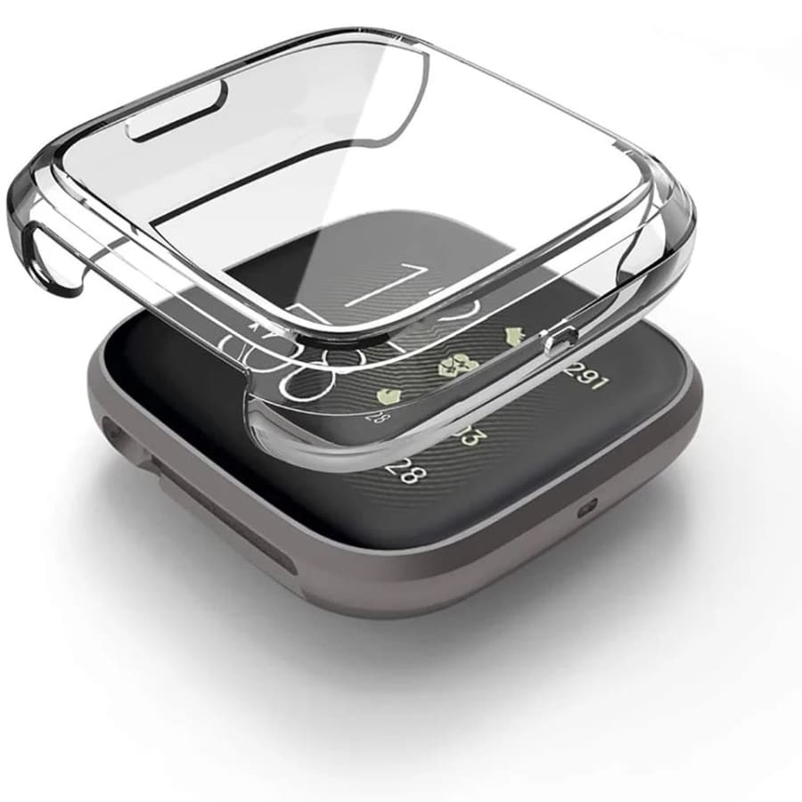 Clear protective watch case for Fitbit Versa 3 by That Watch Shop, snug fit, transparent design, durable and lightweight.