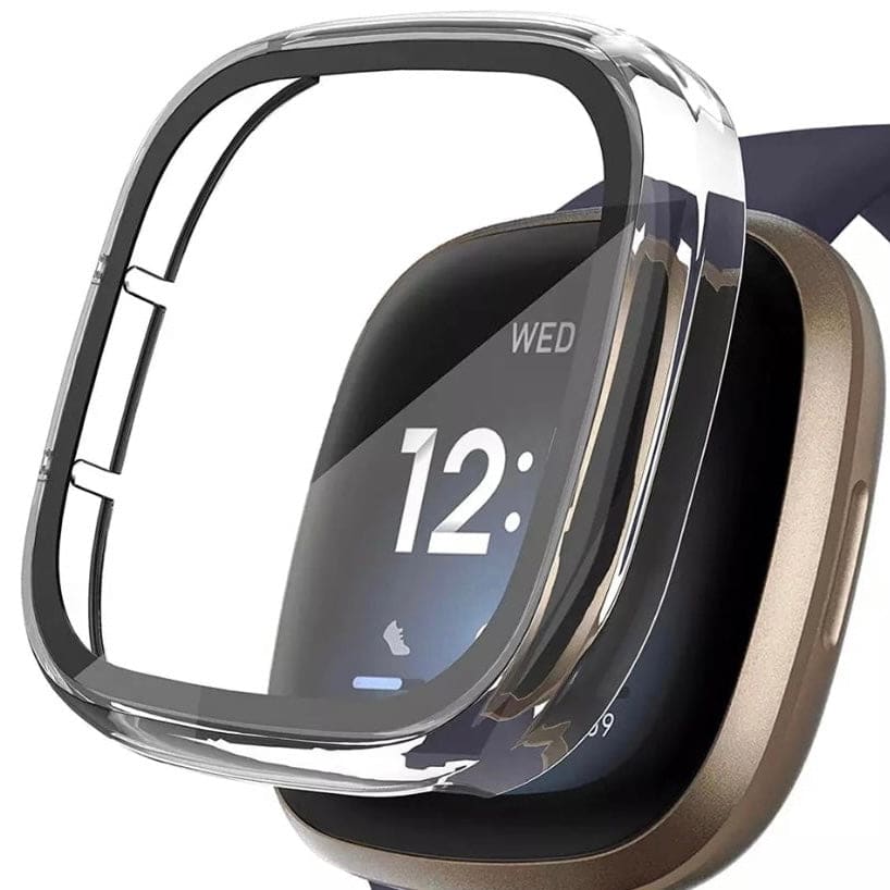 Clear protective case for Fitbit Versa 3 by That Watch Shop, showing the sleek transparent design on the watch.