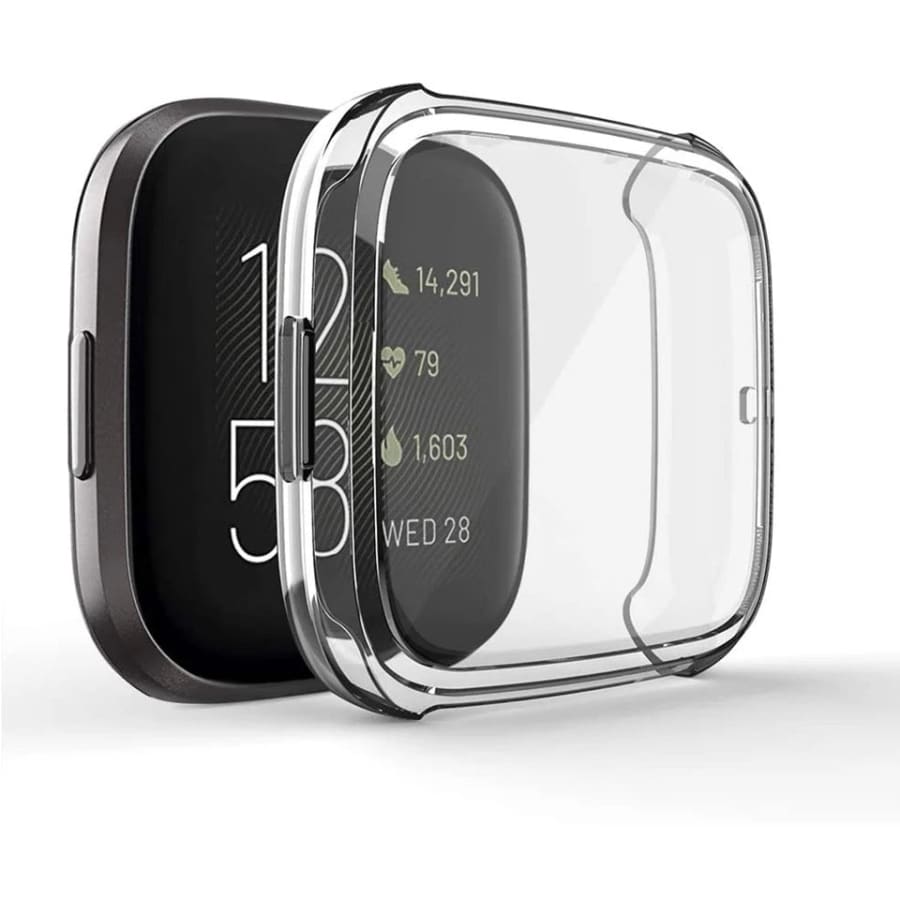 Clear protective watch case for Fitbit Versa 3 from That Watch Shop, shown on the device with transparent design.