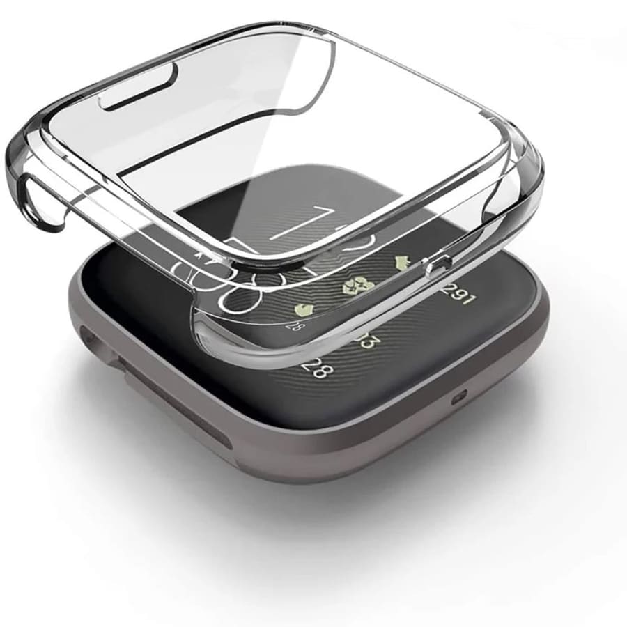 Clear protective watch case for Fitbit Versa 4 by That Watch Shop, showcasing a transparent fit and durable design.