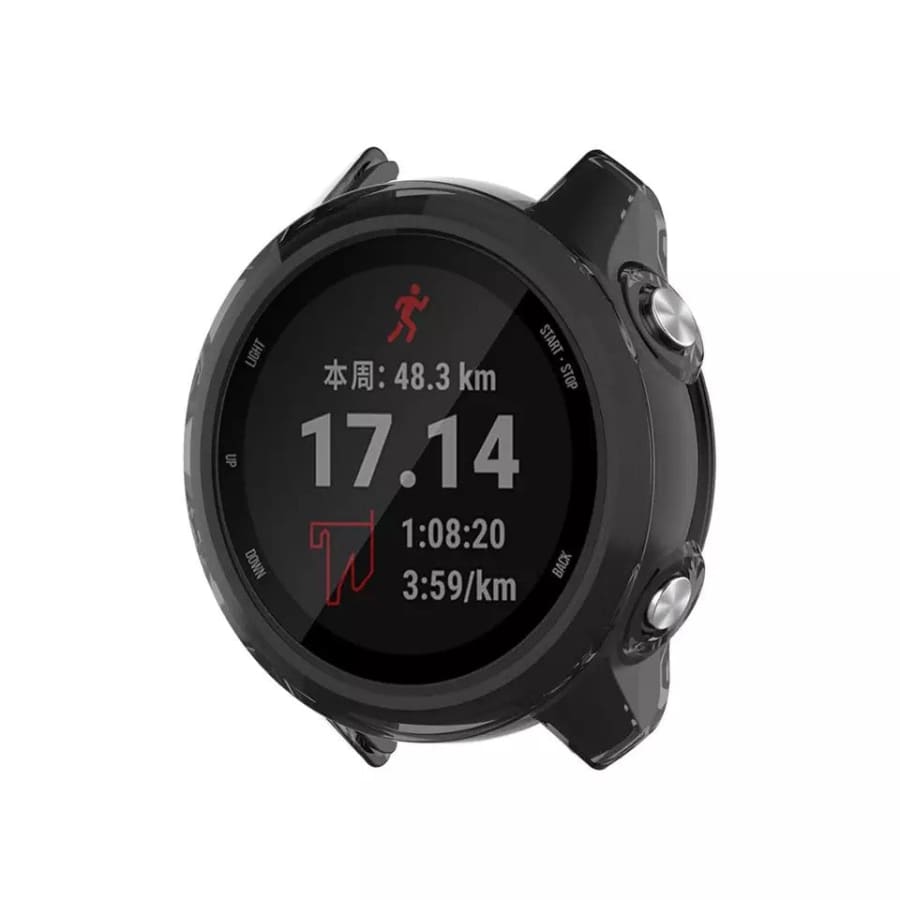 Black protective watch case for Garmin 245 by That Watch Shop, showing a snug fit around the watch with a durable design.