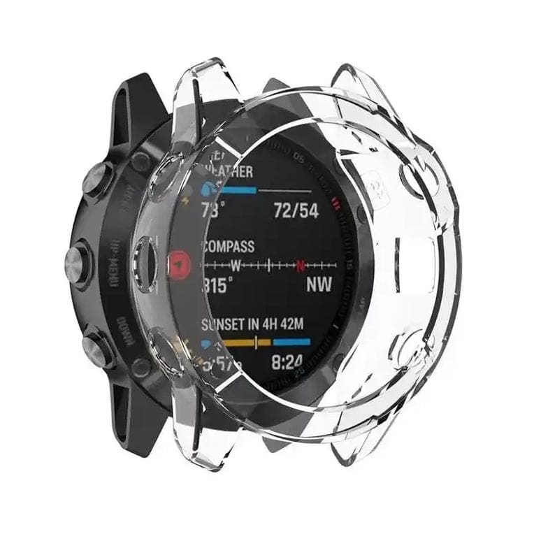Clear protective watch case for Garmin fenix 6 and 6 Pro series, made by That Watch Shop, shown on the watch face.
