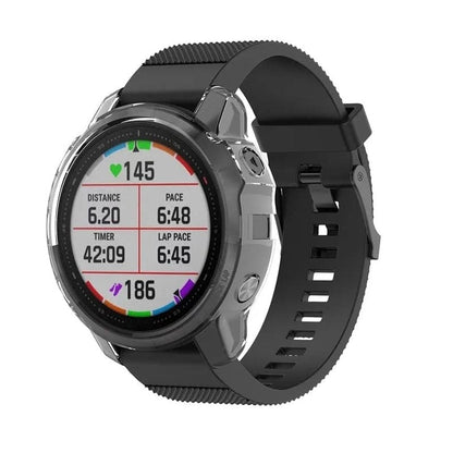Clear protective watch case for Garmin fenix 6 and 6 Pro series, fits snugly to shield the smartwatch.