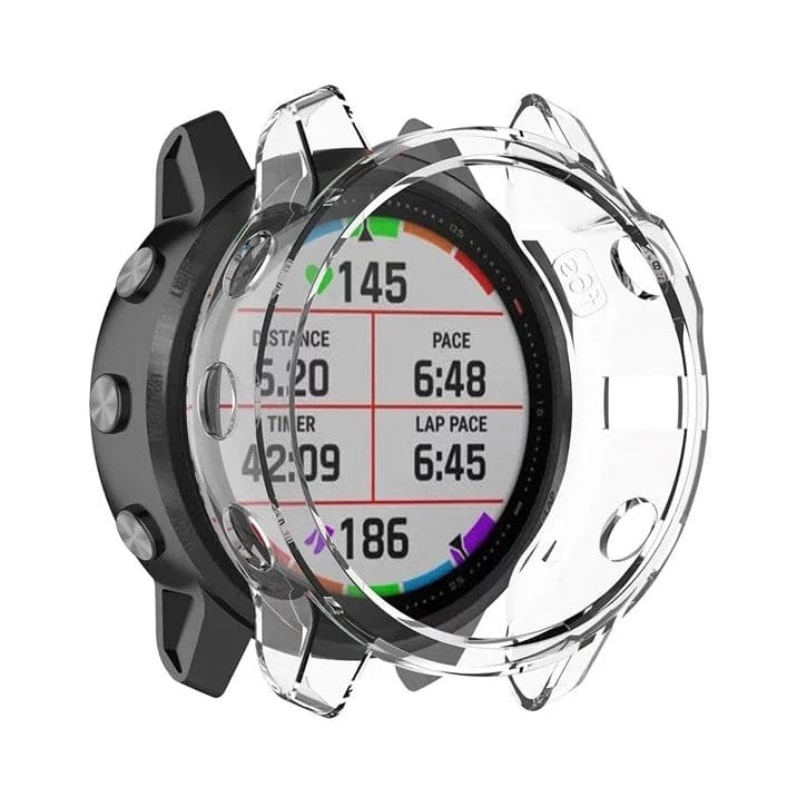 Clear protective watch case for Garmin Fenix 6 and 6 Pro series, designed to shield the smartwatch from scratches and impacts.