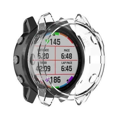 Clear protective watch case for Garmin Fenix 6 and 6 Pro series, designed to shield the smartwatch from scratches and impacts.