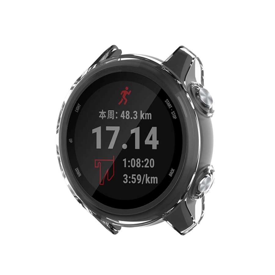 Clear protective watch case for Garmin Forerunner 245 series, durable and transparent, fits snugly around the smartwatch.