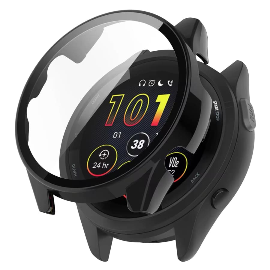 Black protective watch case for Garmin Forerunner 265, designed to safeguard the smartwatch from scratches and impacts.