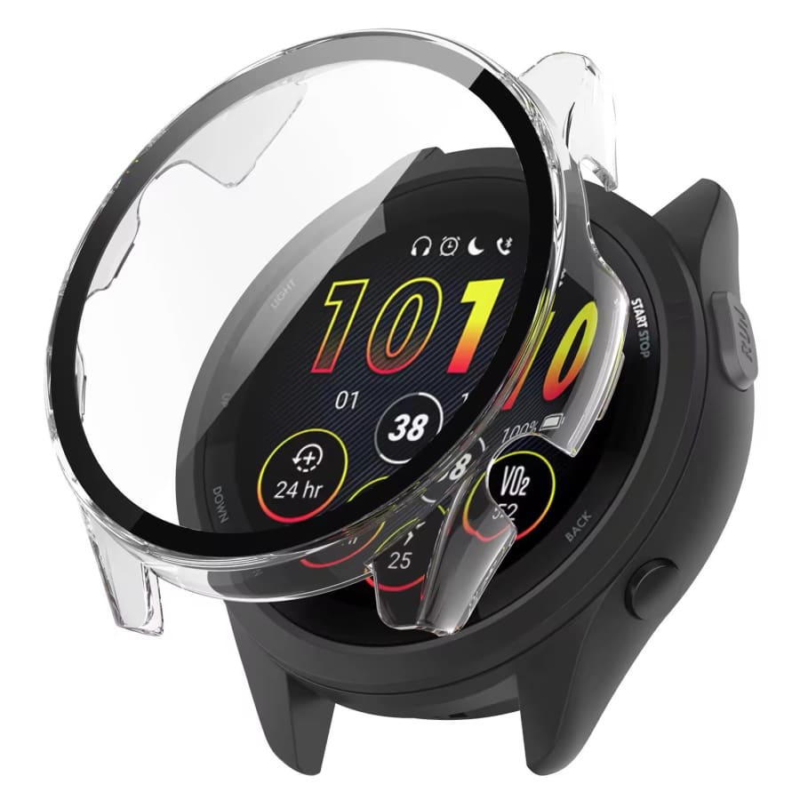 Clear protective watch case for Garmin Forerunner 265, made by That Watch Shop, shown on a watch with a transparent design.