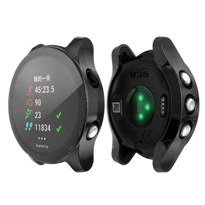 Black protective watch case for Garmin Forerunner 935, designed to safeguard the smartwatch from scratches and impacts.