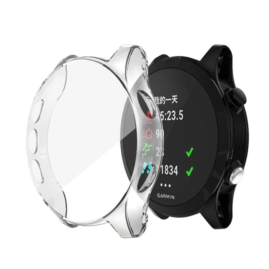 Clear protective watch case for Garmin Forerunner 945, showcasing a slim, transparent design to safeguard the smartwatch.