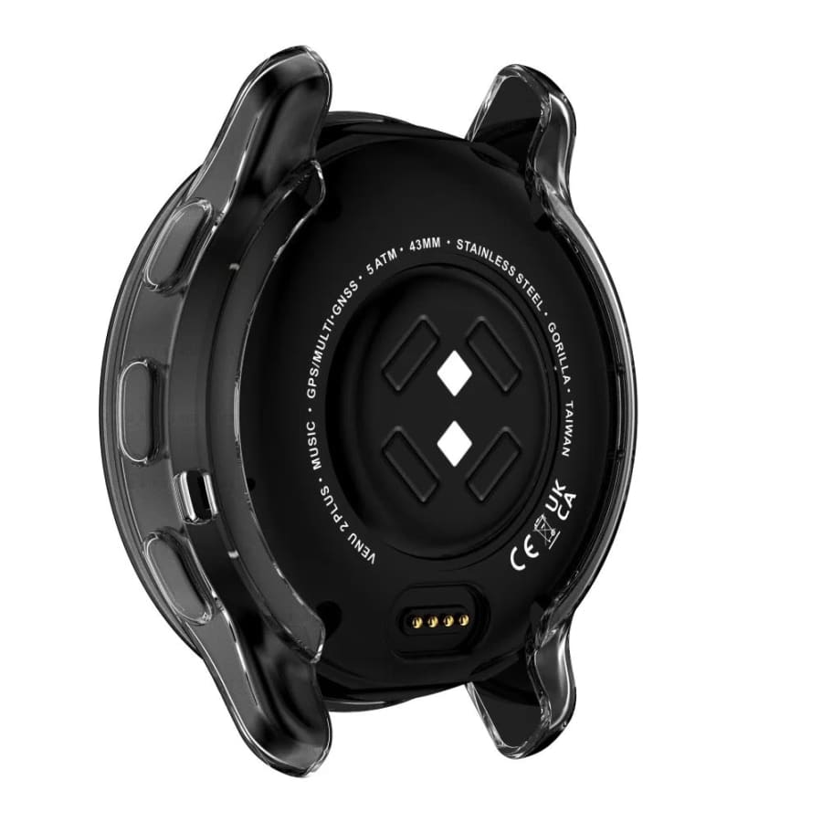 Clear protective watch case for Garmin Venu 2 Plus, designed to shield the smartwatch from scratches and impacts.