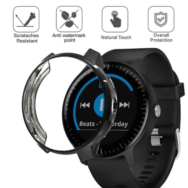 Black protective watch case for Garmin Vivoactive 3, designed to shield the device from scratches and impacts.