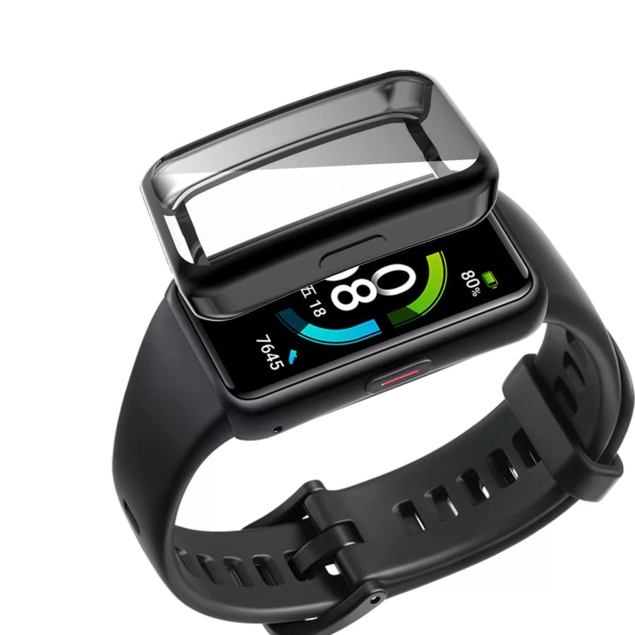 Black protective watch case for Huawei Band 6, designed by That Watch Shop, providing durable cover and protection for the fitness tracker.