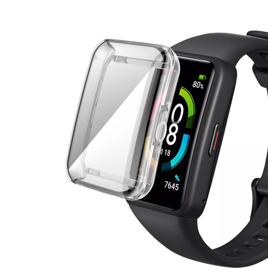 Clear protective case for Huawei Band 6 watch, transparent and durable, designed to safeguard the fitness tracker.