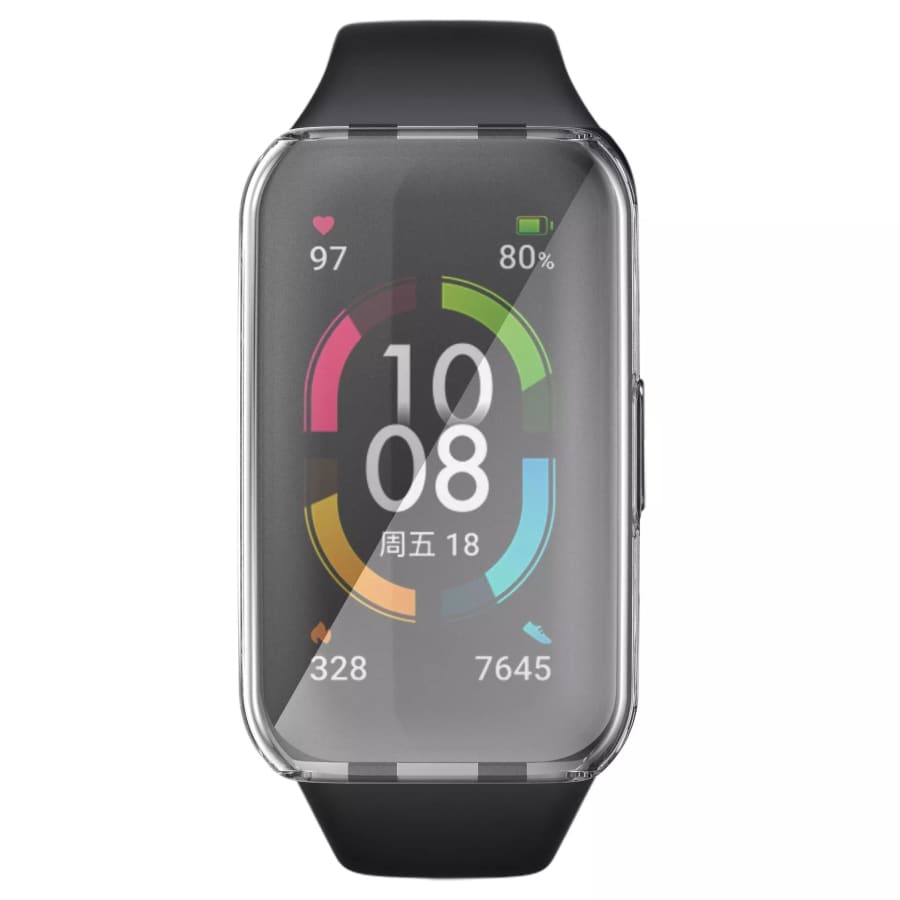 Clear protective watch case for Huawei Band 6, made by That Watch Shop, shown fitted on the fitness tracker.