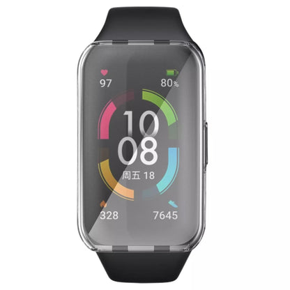 Clear protective watch case for Huawei Band 6, made by That Watch Shop, shown fitted on the fitness tracker.