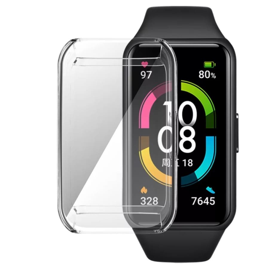 Clear protective watch case for Huawei Band 6, made by That Watch Shop, shown on a smartwatch with a transparent design.