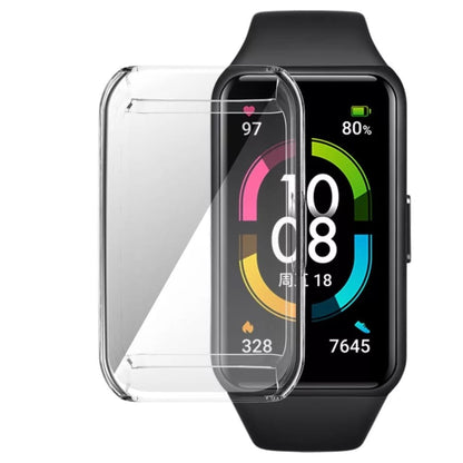 Clear protective watch case for Huawei Band 6, made by That Watch Shop, shown on a smartwatch with a transparent design.