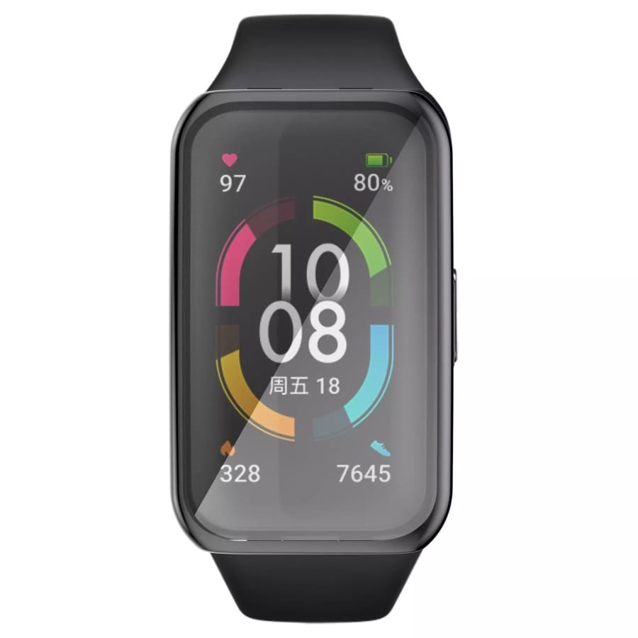 Black protective watch case for Huawei Band 7, designed to shield and secure the fitness tracker.