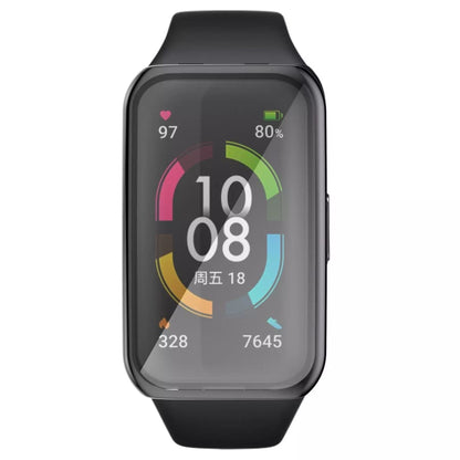 Black protective watch case for Huawei Band 7, designed to shield and secure the fitness tracker.