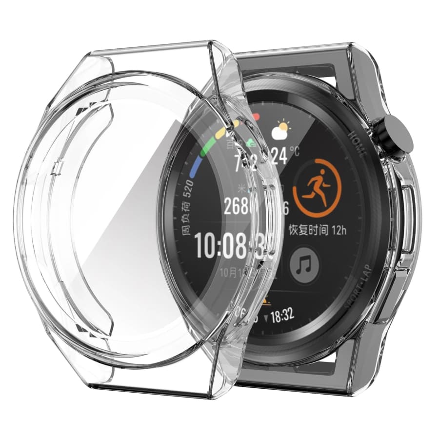 Clear protective watch case for Huawei GT Runner, designed to shield the smartwatch from scratches and impacts.