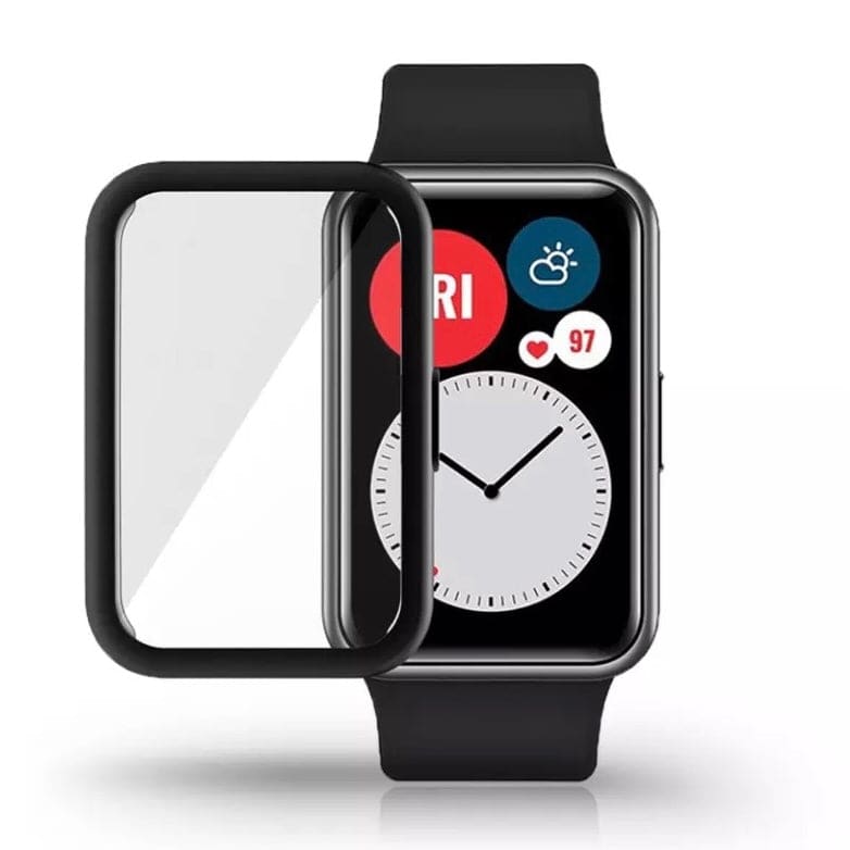 Black protective watch case for Huawei Watch Fit, designed by That Watch Shop, protects the device from scratches and impacts.