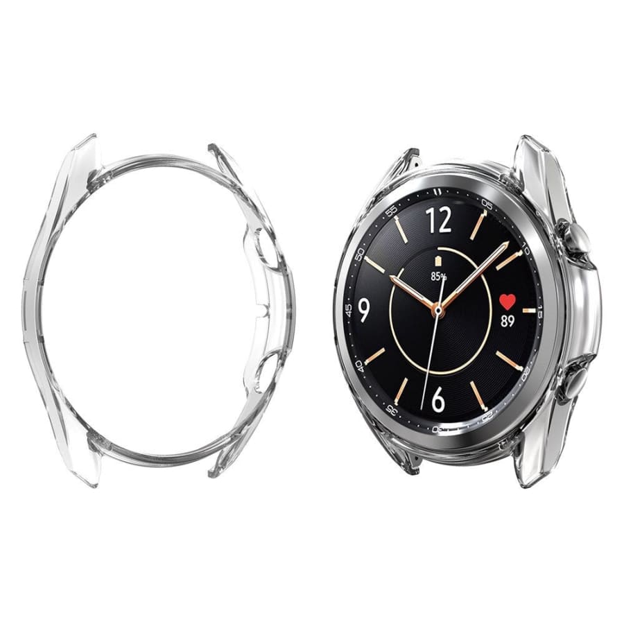 Clear protective case for Samsung Galaxy Watch 3 45mm, designed by That Watch Shop, showing the case fitted on the watch.