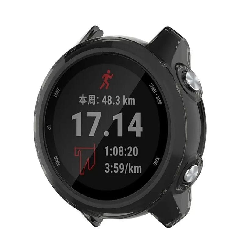 Black smoke protective watch case for Garmin 245, made by That Watch Shop, fits securely around the fitness tracker.