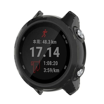 Black smoke protective watch case for Garmin 245, made by That Watch Shop, fits securely around the fitness tracker.