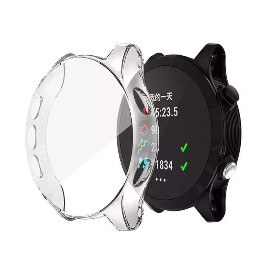Clear protective case for Garmin 245 watch, made by That Watch Shop, showcasing a transparent, snug-fit watch cover.