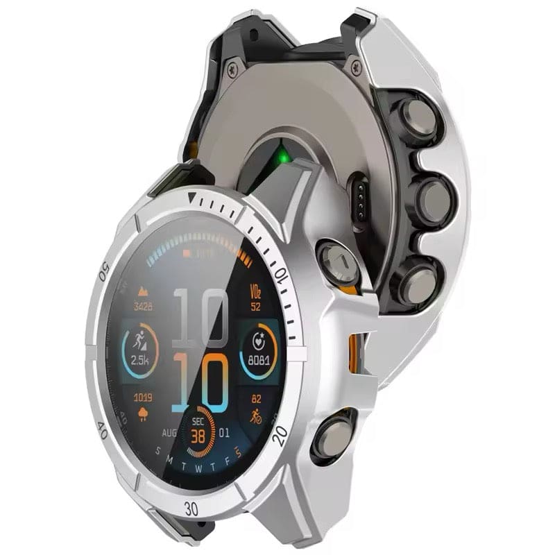 Silver protective watch case for Garmin Fenix 8 47mm series, designed to safeguard the smartwatch.