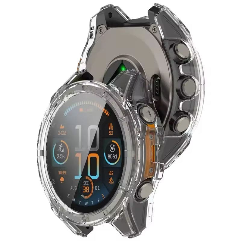 Clear protective case for Garmin Fenix E 47mm series watch, made by That Watch Shop, showing the transparent watch cover.