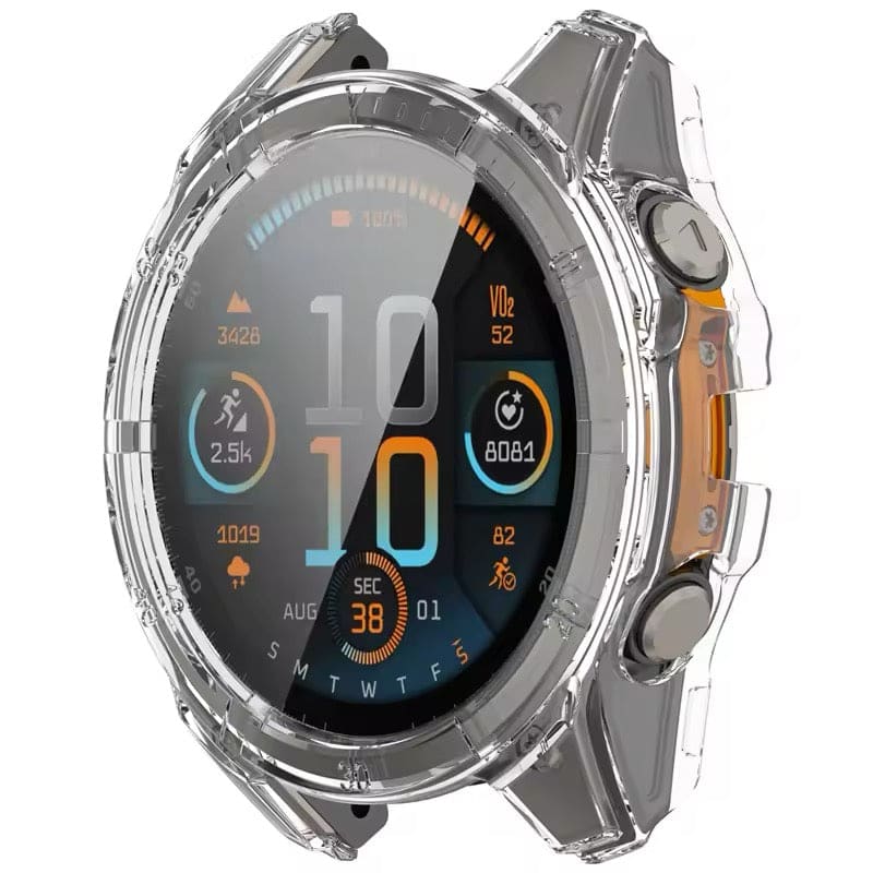 Clear protective watch case for Garmin Fenix E 47mm series, designed by That Watch Shop, shown on a Garmin Fenix E watch.