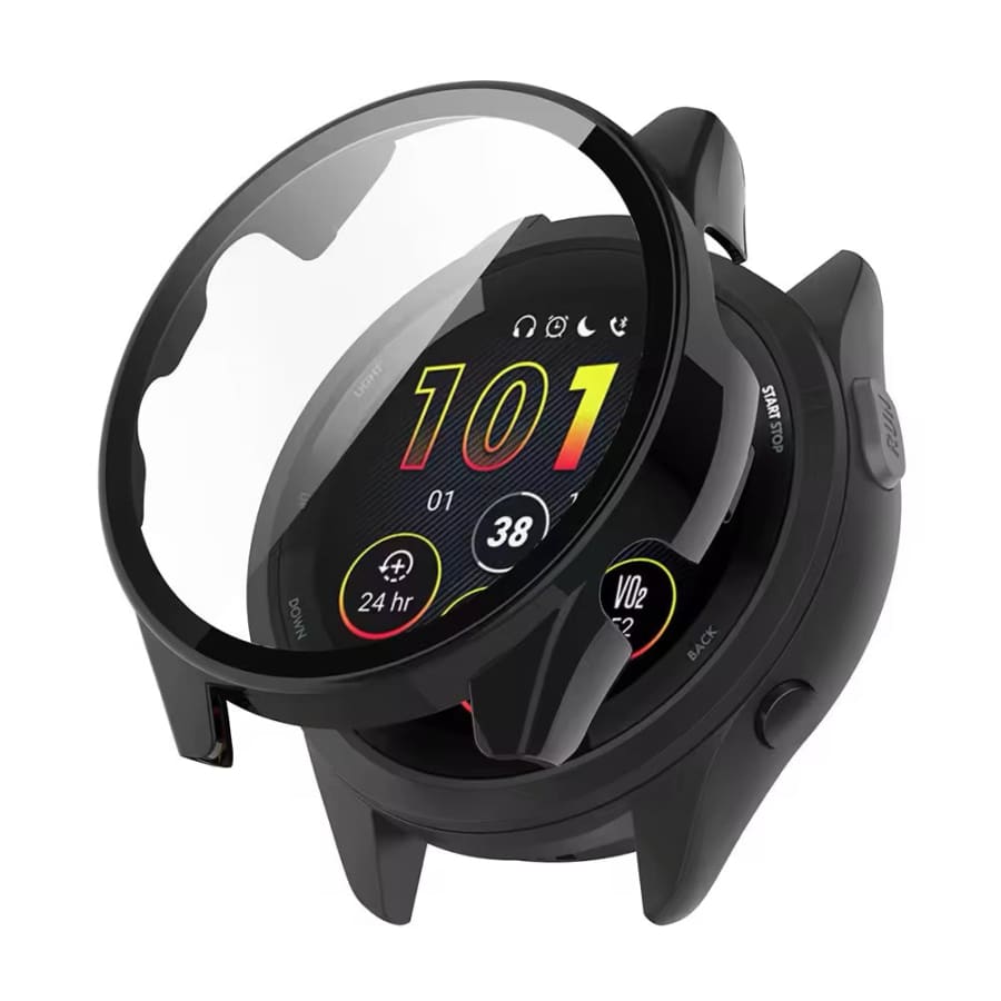 Black protective watch case for Garmin Forerunner 165, designed to safeguard the smartwatch from scratches and impacts.