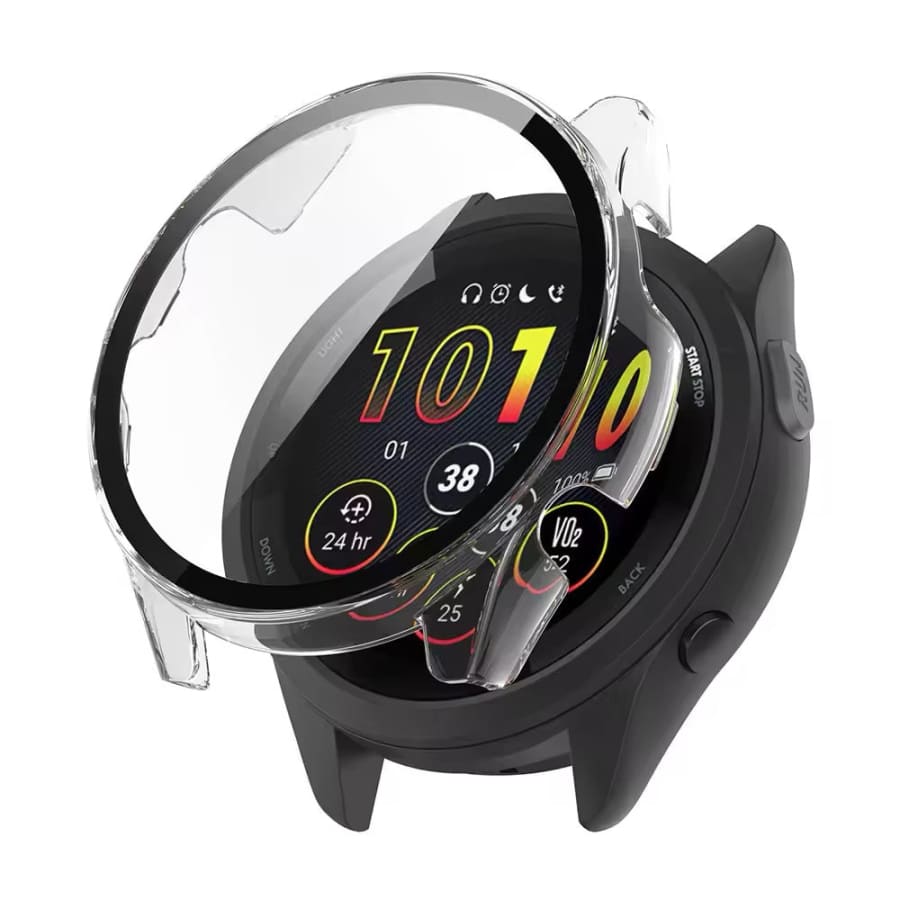 Clear protective watch case for Garmin Forerunner 165, made by That Watch Shop, designed to shield the smartwatch.