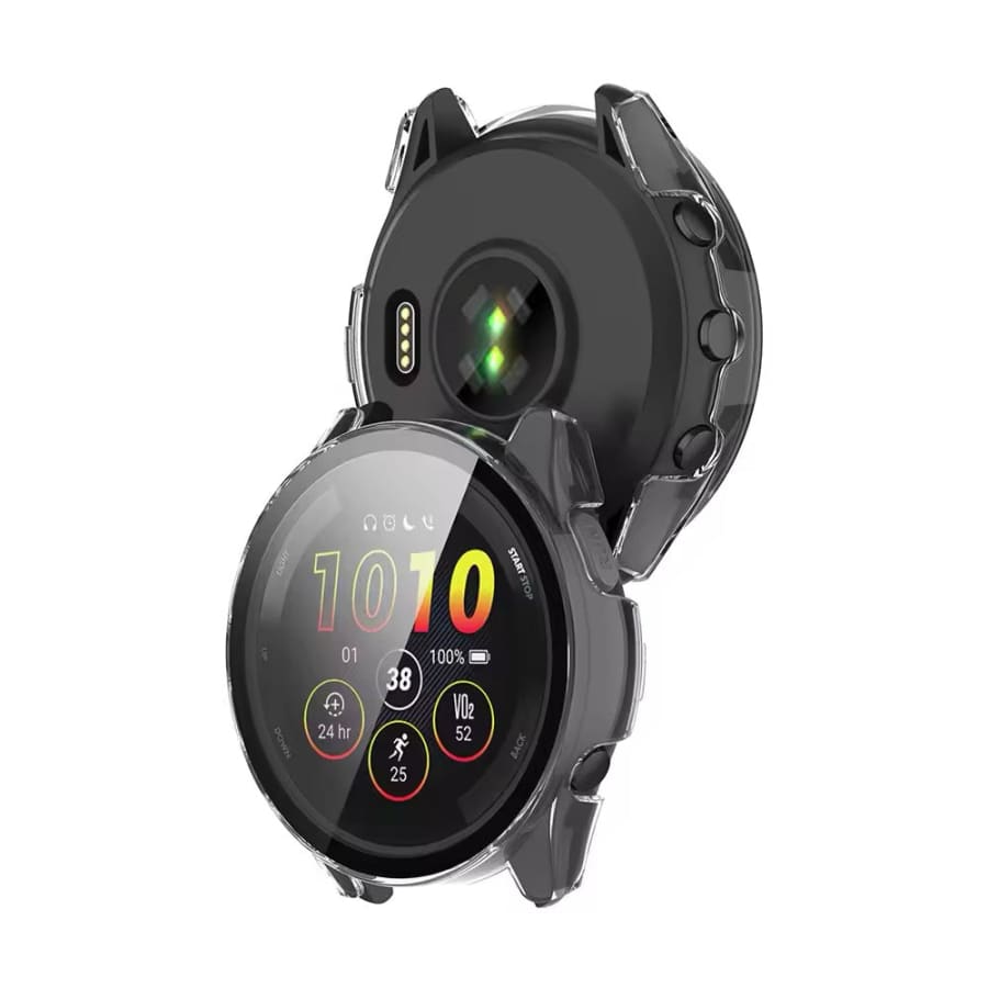 Clear protective watch case for Garmin Forerunner 165, made by That Watch Shop, showing the transparent design fitting the watch.