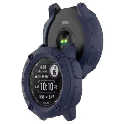 Navy protective watch case for Garmin Instinct 2X Solar series, made by That Watch Shop, showing the durable cover on the watch.