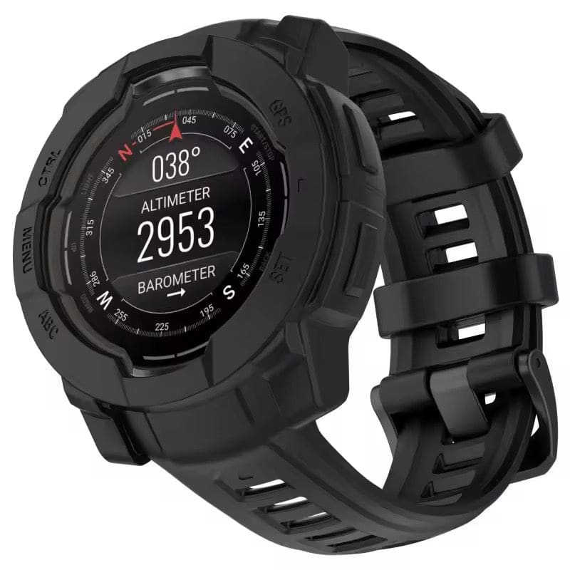Black protective watch case for Garmin Instinct 3 45mm, designed by That Watch Shop, showing a sleek, durable cover on a Garmin watch.