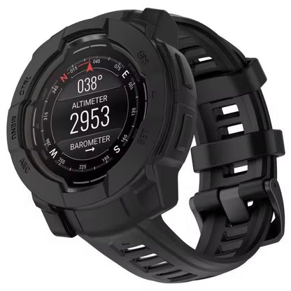 Black protective watch case for Garmin Instinct 3 45mm, designed by That Watch Shop, showing a sleek, durable cover on a Garmin watch.