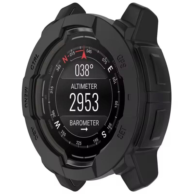 Black protective watch case for Garmin Instinct 3 45mm, designed for durability and secure fit, shown on the watch in the image.