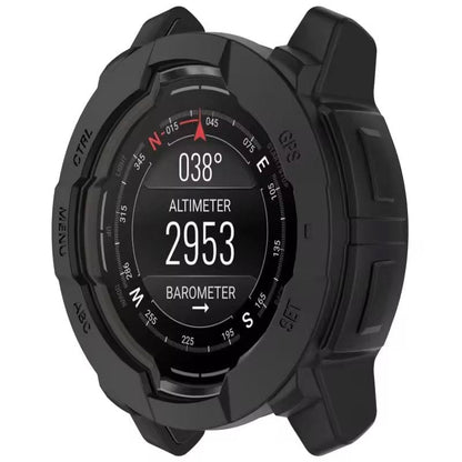 Black protective watch case for Garmin Instinct 3 45mm, designed for durability and secure fit, shown on the watch in the image.