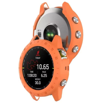 Orange protective watch case for Garmin MARQ series, designed to safeguard the smartwatch with a durable, snug fit.