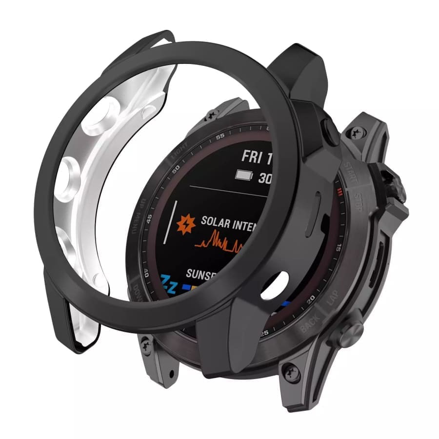 Black protective watch case for Garmin Quatix 7, designed to safeguard the Garmin Quatix 7 watch.