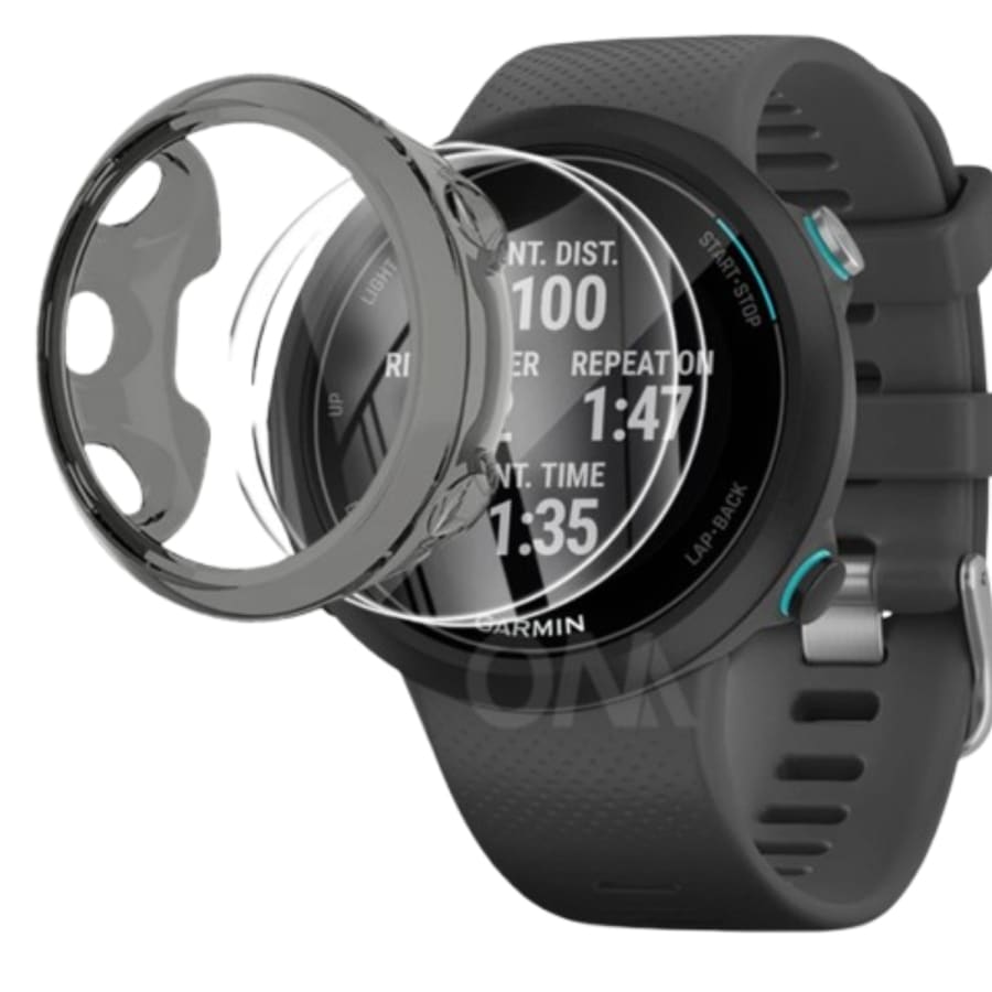 Black protective watch case for Garmin Swim, designed to secure and shield the Garmin Swim watch.