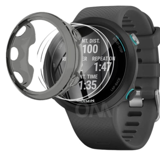 Black protective watch case for Garmin Swim, designed to secure and shield the Garmin Swim watch.