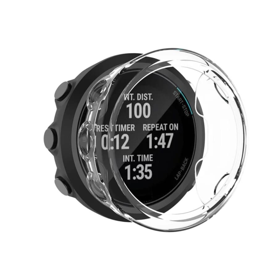 Clear protective case for Garmin Swim watch, transparent cover by That Watch Shop, designed to safeguard the waterproof watch.