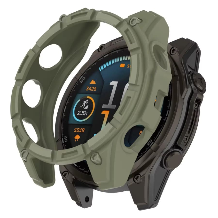 Green protective watch case for Garmin Tactix 8 (51mm) showcasing durable material and snug fit for Garmin tactical smartwatch.